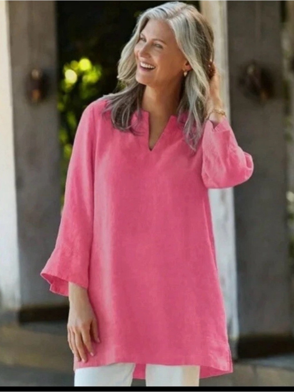 Lands End Women’s Pink Preppy Linen Blend V Neck 3/4 Sleeve Classic Tunic XL